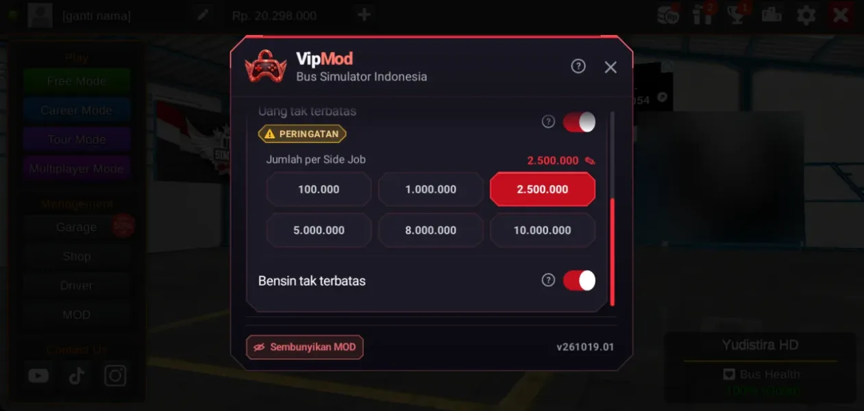 Bus Simulator Indonesia — menu mod jumlah uang dan bensin