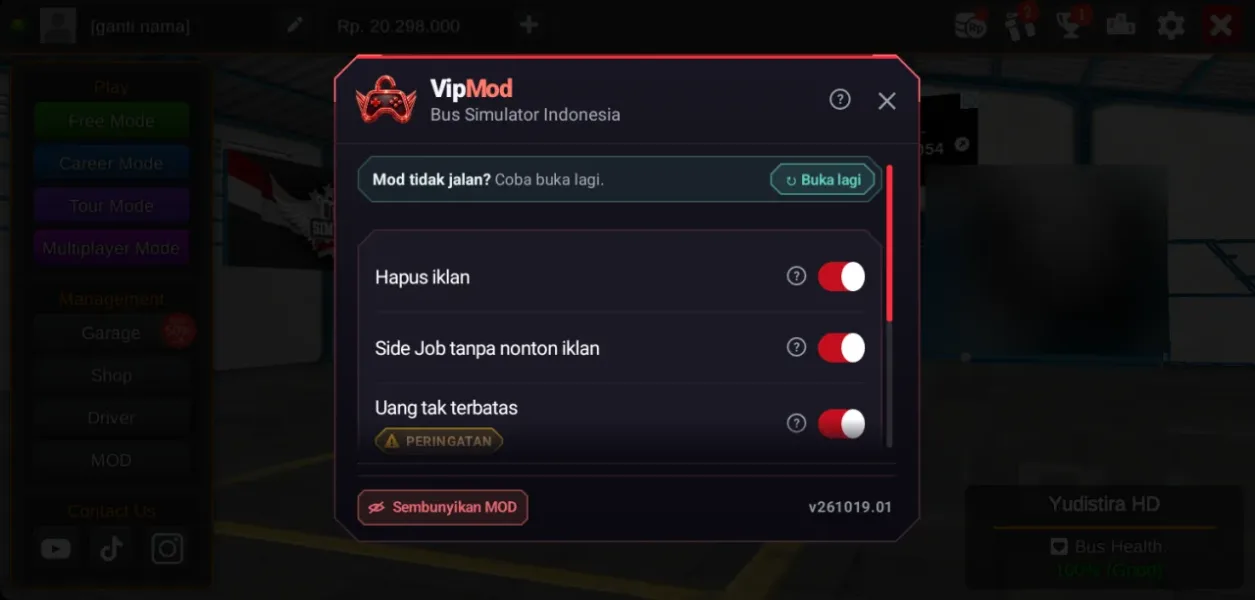 Bus Simulator Indonesia — menu mod uang tak terbatas