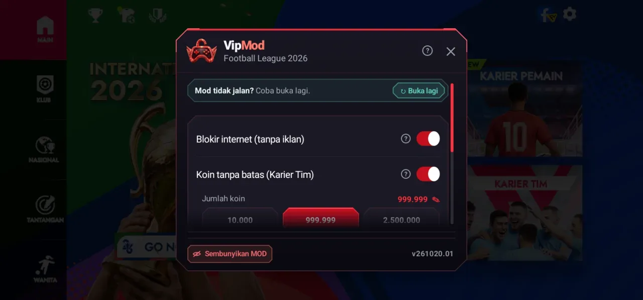 Football League 2026 — menu mod blokir internet dan koin