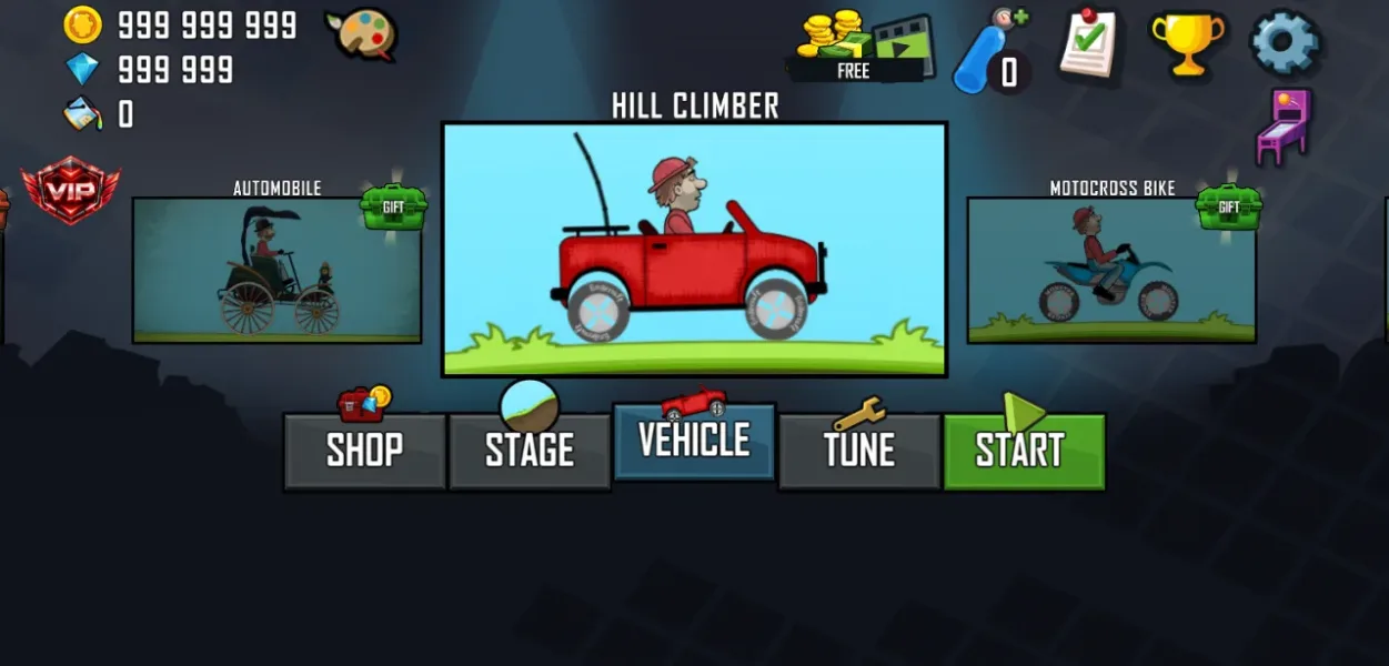 Hill Climb Racing — koin dan permata penuh di menu
