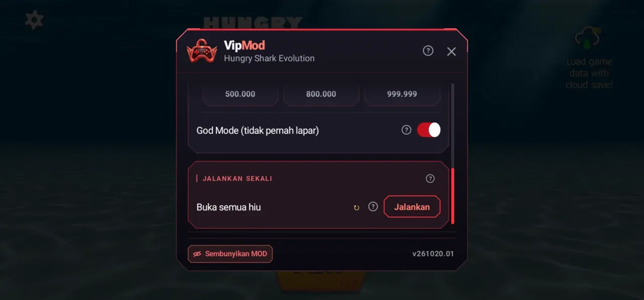 Hungry Shark Evolution — menu mod god mode buka semua hiu