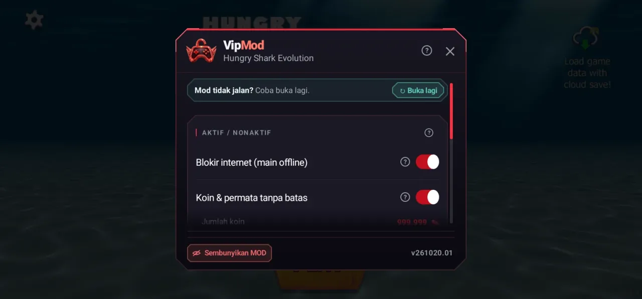 Hungry Shark Evolution — menu mod koin permata