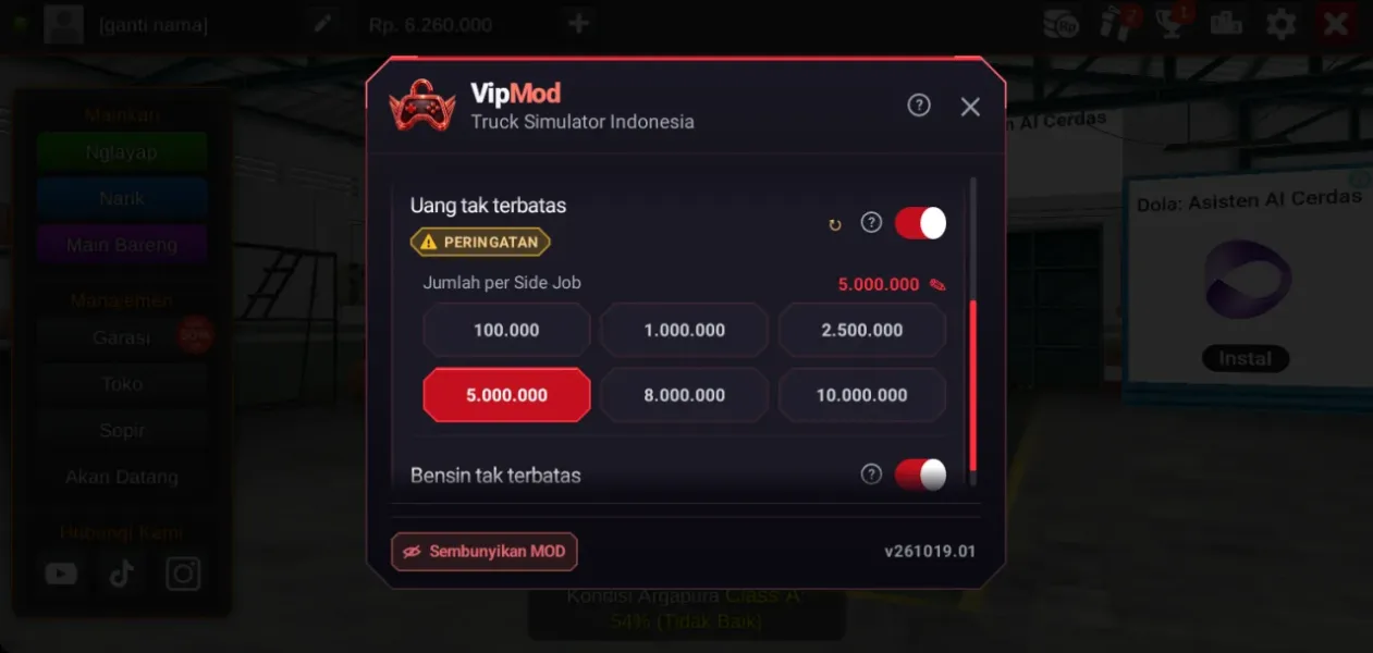 Truck Simulator Indonesia — menu mod jumlah uang dan bensin